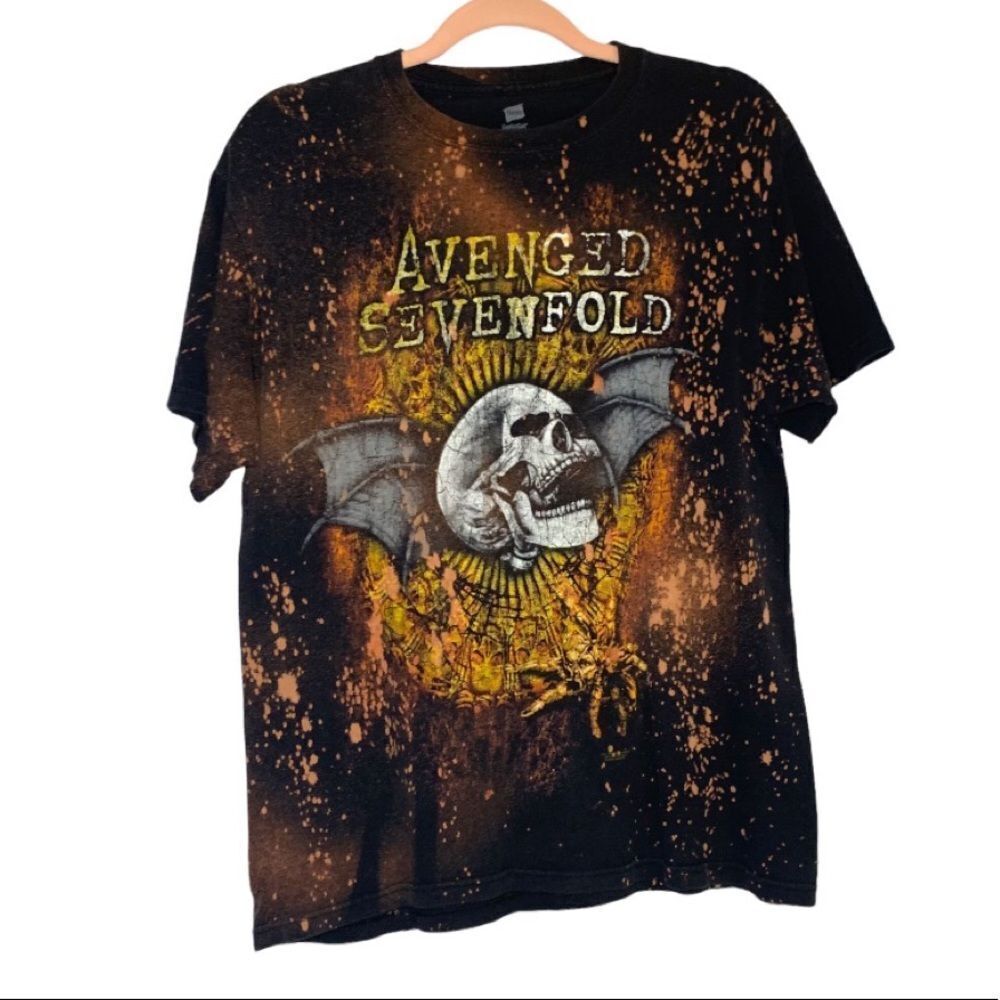 Avenged Sevenfold Black and Orange Skull Upcycled Bleach Splatter Band Tee